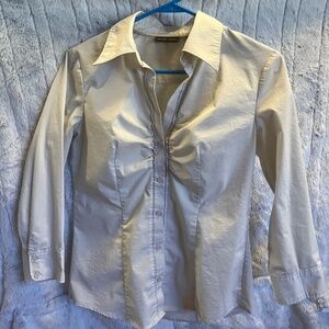 Rouched 3/4 Length Sleeve Stretch Button Up Silver/Light Grey Top